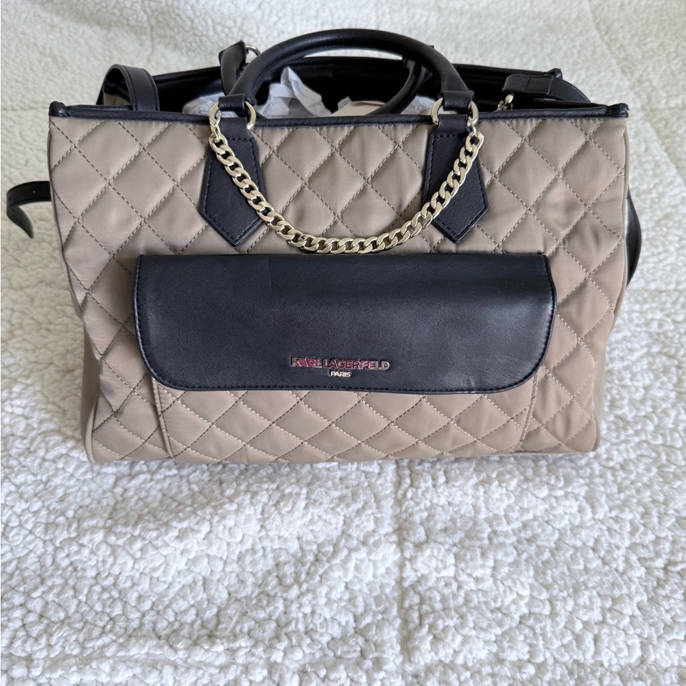 Karl Lagerfeld Quilted Beige and Black Satchel
